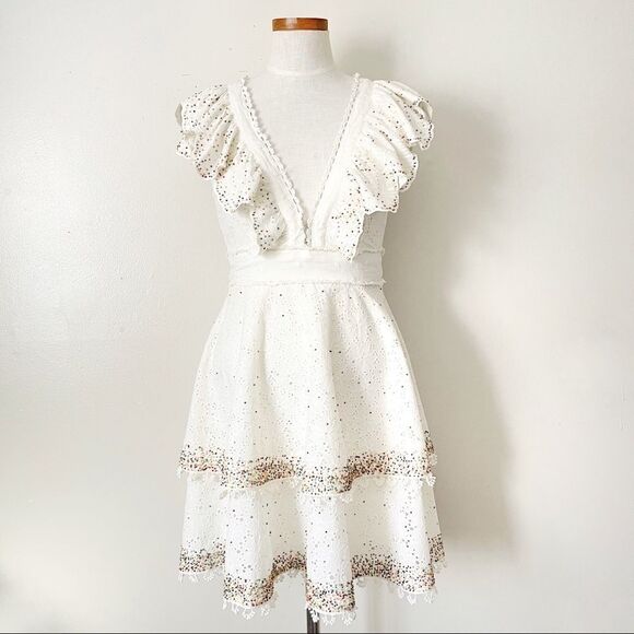 Farm Rio White Eyelet Beaded Ruffle Mini Dress NWOT XS - Picture 2 of 11